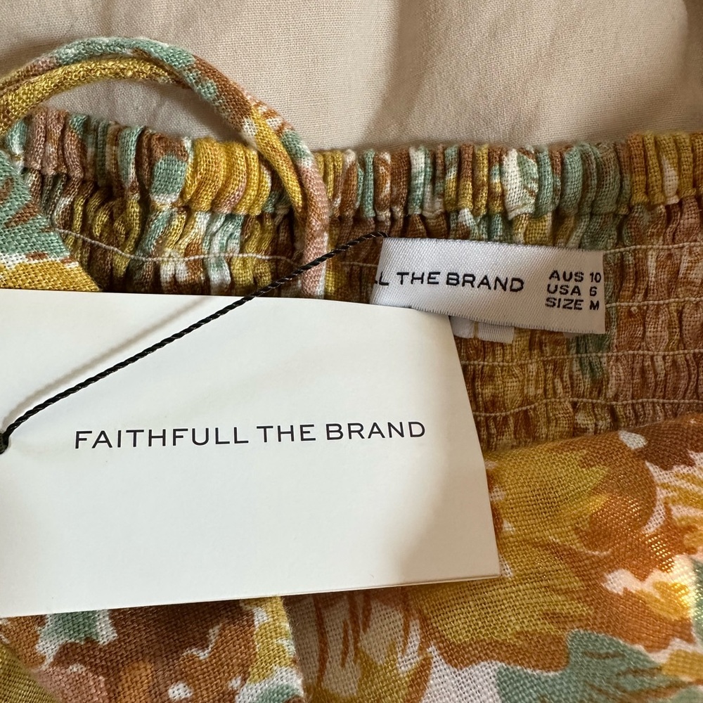 Revolve Faithfull the Brand Yellow Linen Floral Wide Leg Jumpsuit size 6 - Picture 3 of 6